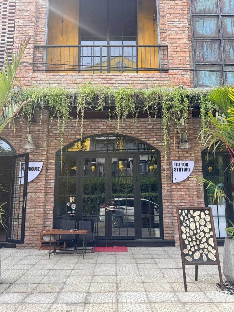 Front entrance of Tattoo Station Hoi An, a premium tattoo studio in Hoi An, Vietnam, specializing in custom tattoos, Vietnamese-inspired tattoo designs, and international hygiene standards.