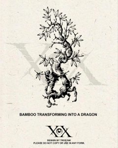 Vietnamese Tattoo Bamboo Transforming into a Dragon, original engraving tattoo design by Trxx at Tattoo Station Hoi An symbolizing integrity, flexibility, courage, and transformation.