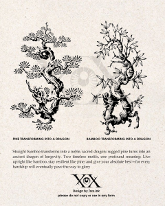 Vietnamese Tattoo Part 1 featuring Pine Transforming into a Dragon and Bamboo Transforming into a Dragon, exclusive engraving tattoo designs by Trxx at Tattoo Station Hoi An.