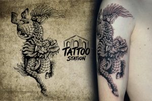 Vietnamese Tattoo Part 2 Qilin custom tattoo design and finished tattoo at Tattoo Station Hoi An