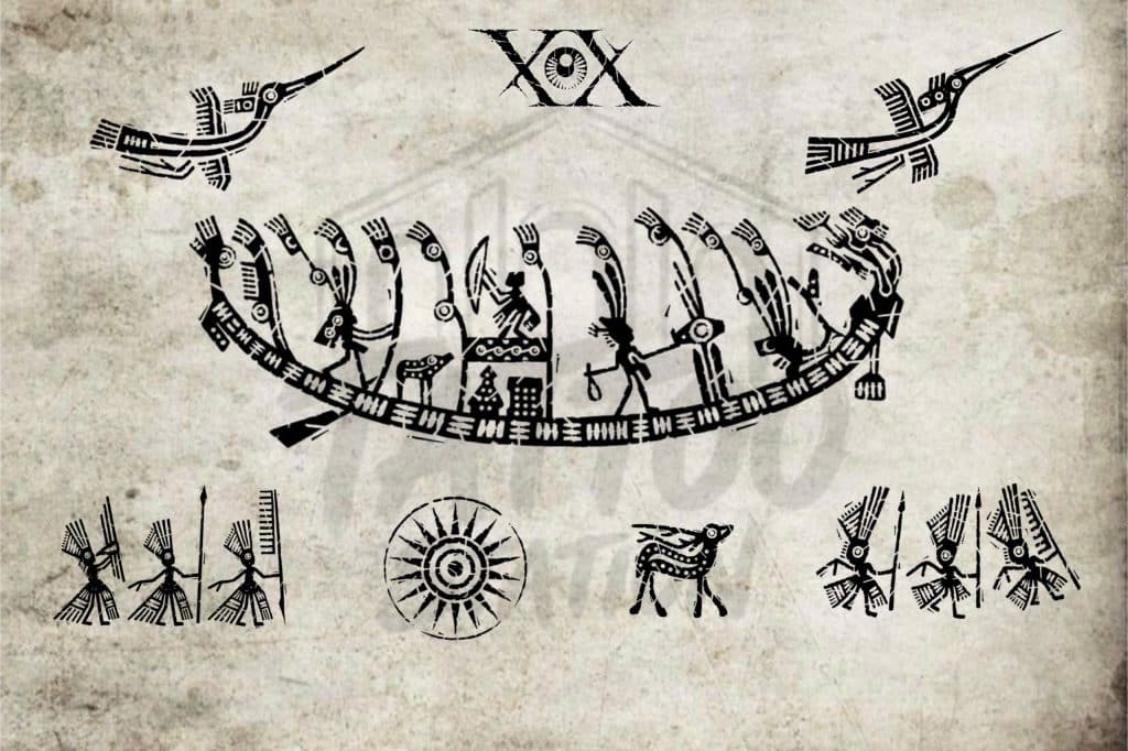 Vietnamese Tattoo Part 3 ancient Dong Son tattoo design collection featuring warriors, sacred birds, ceremonial boats and bronze drum symbols