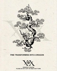 Vietnamese Tattoo Pine Transforming into a Dragon, exclusive engraving tattoo design by Trxx at Tattoo Station Hoi An inspired by Vietnamese culture and the symbolism of resilience, longevity, and transformation.